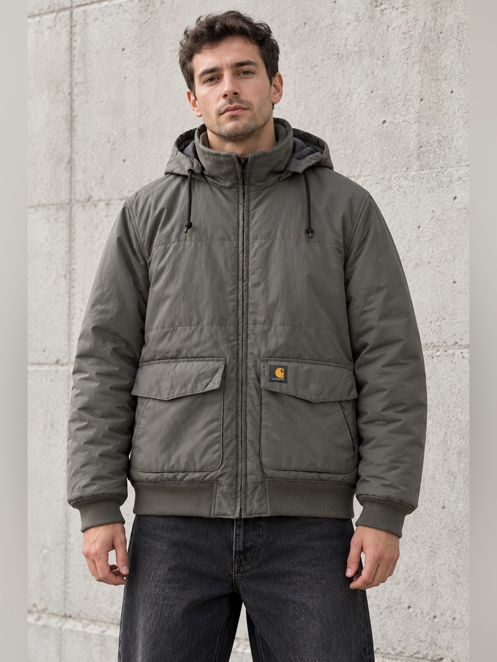 Carhartt WIP Brooks Hooded Padded Nylon Jacket Gray Olive Large